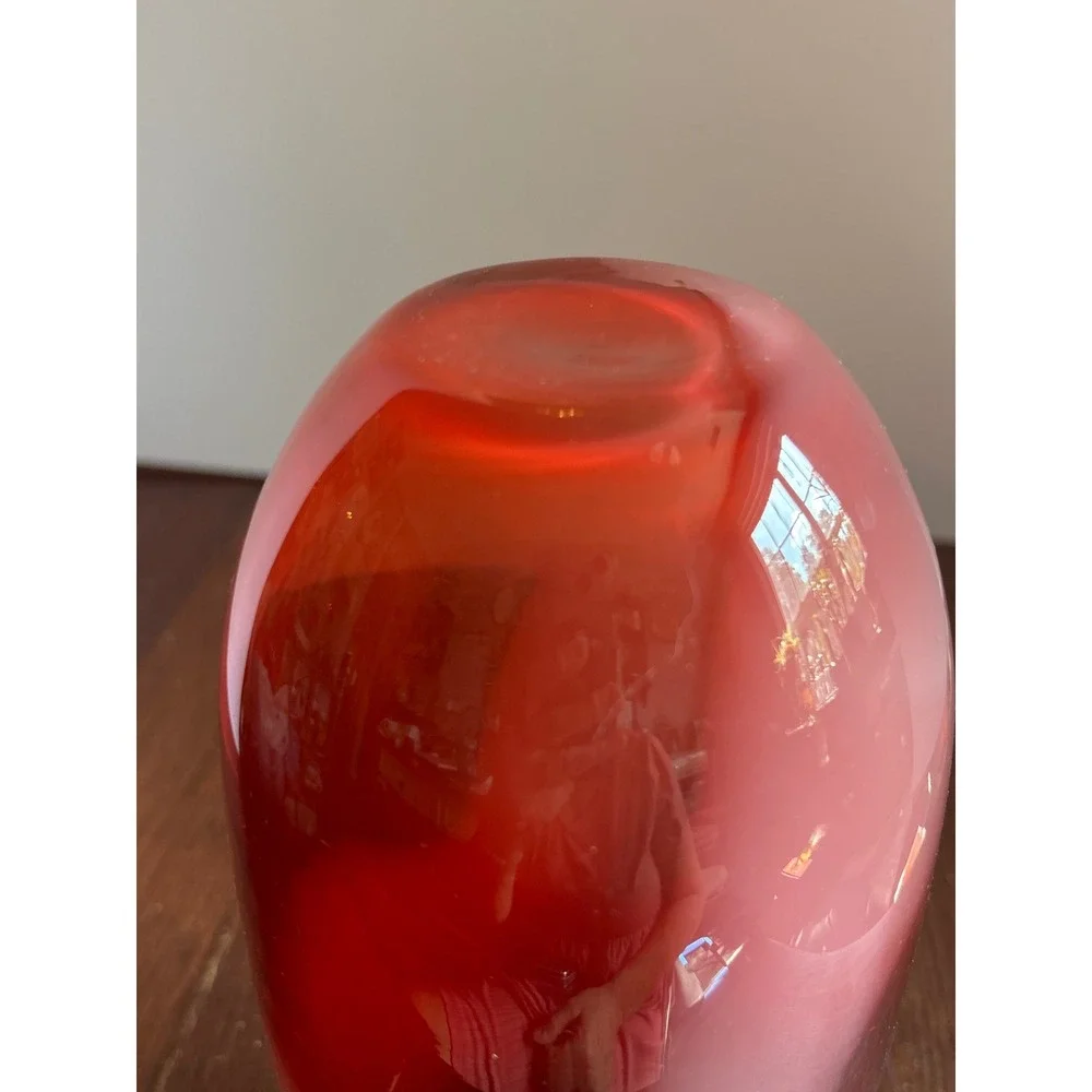 Red and White Swirl Art Glass Vase 10 Inch Mid Century Modern Cased Glass Decor
